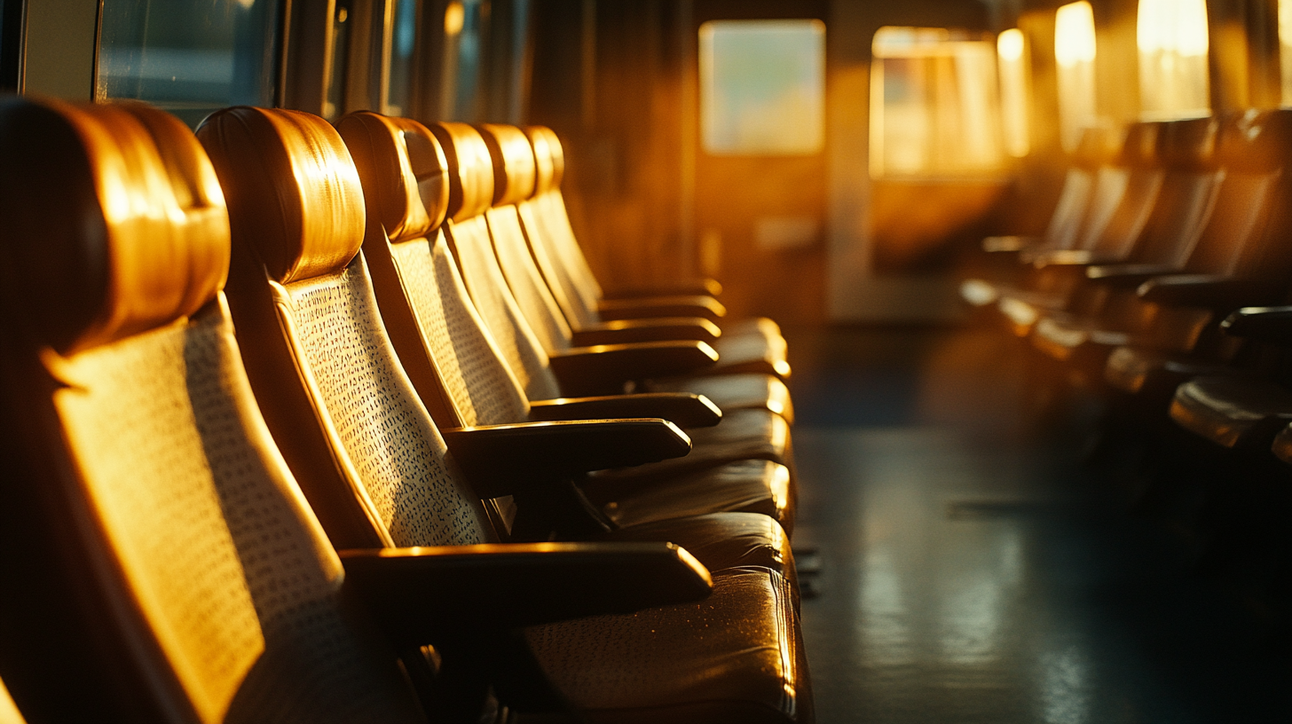 The image shows a row of empty train seats bathed in warm, golden sunlight. The light creates a soft glow on the leather seats and casts shadows on the floor. The scene conveys a peaceful and serene atmosphere, with the sunlight streaming through the windows.