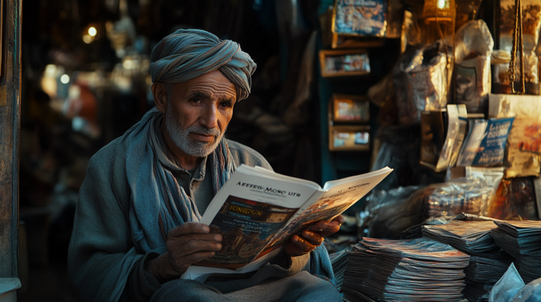 An elderly man with a gray beard and wearing a traditional turban and robe is sitting in a dimly lit market stall. He is reading a magazine or newspaper, surrounded by stacks of similar publications. The background is filled with various hanging items and blurred lights, suggesting a busy market environment.