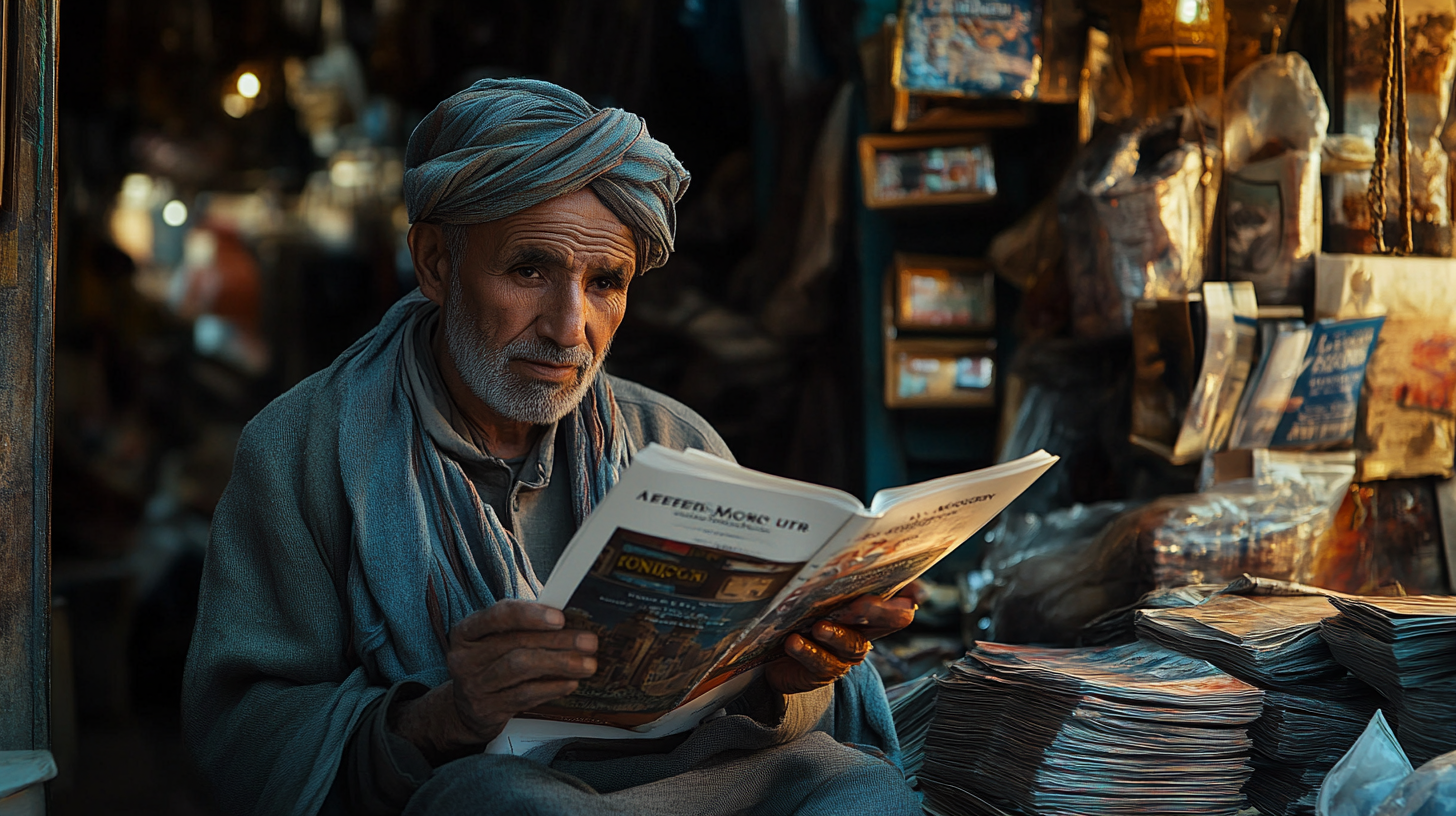 An elderly man with a gray beard and wearing a traditional turban and robe is sitting in a dimly lit market stall. He is reading a magazine or newspaper, surrounded by stacks of similar publications. The background is filled with various hanging items and blurred lights, suggesting a busy market environment.