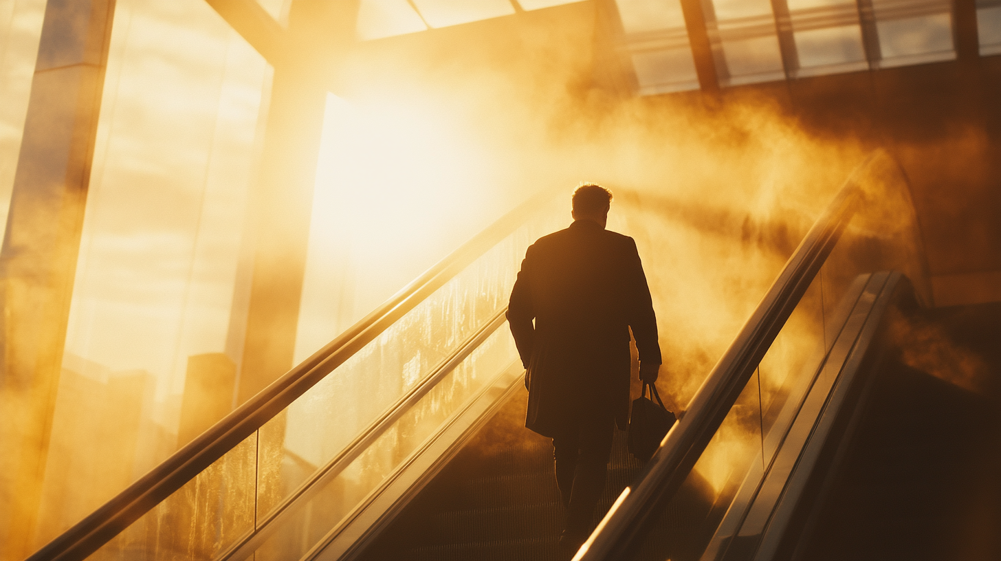 A person in a coat is ascending an escalator, silhouetted against a bright, golden light. The scene is enveloped in a warm, misty atmosphere, with sunlight streaming through large windows in the background. The person is holding a bag in one hand.