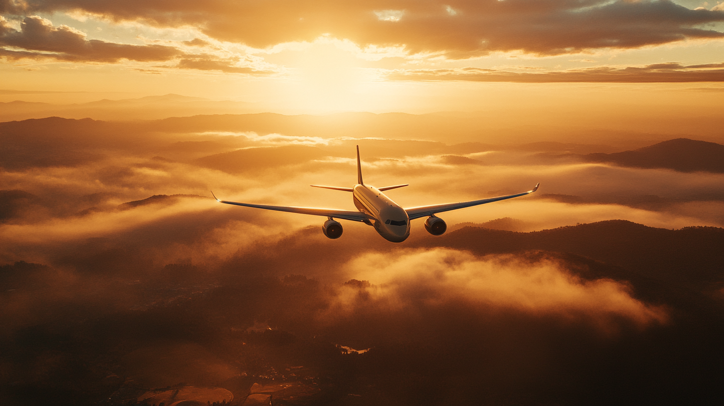 A passenger airplane flying above the clouds during a sunset, with a warm orange glow illuminating the sky and the landscape below.