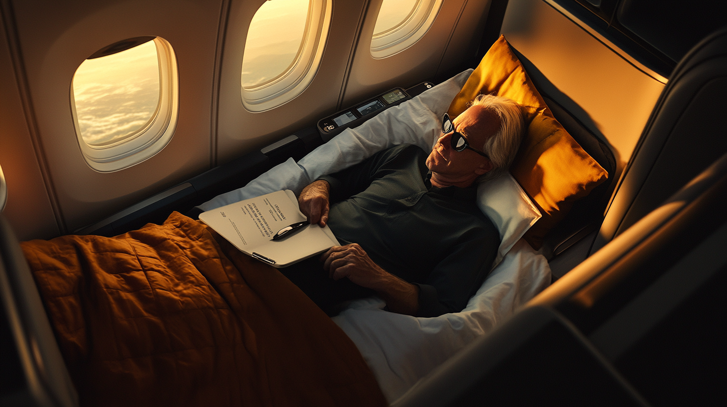 A person is reclining in a first-class airplane seat, which is fully extended into a bed. They are wearing sunglasses and holding a document with a pen resting on it. The cabin is warmly lit by the setting sun, visible through the airplane windows. The person appears relaxed, with a pillow and blanket for comfort.