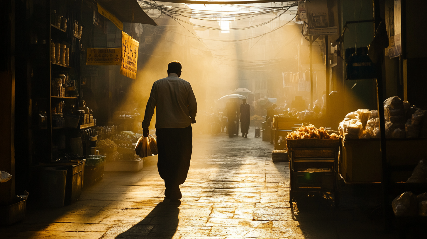 A person is walking through a narrow market street, carrying bags in each hand. The scene is illuminated by warm, golden sunlight streaming through the buildings, casting long shadows on the ground. Stalls on either side display various goods, and other people are visible in the background, some holding umbrellas. The atmosphere is bustling yet serene, with a blend of light and shadow creating a dramatic effect.