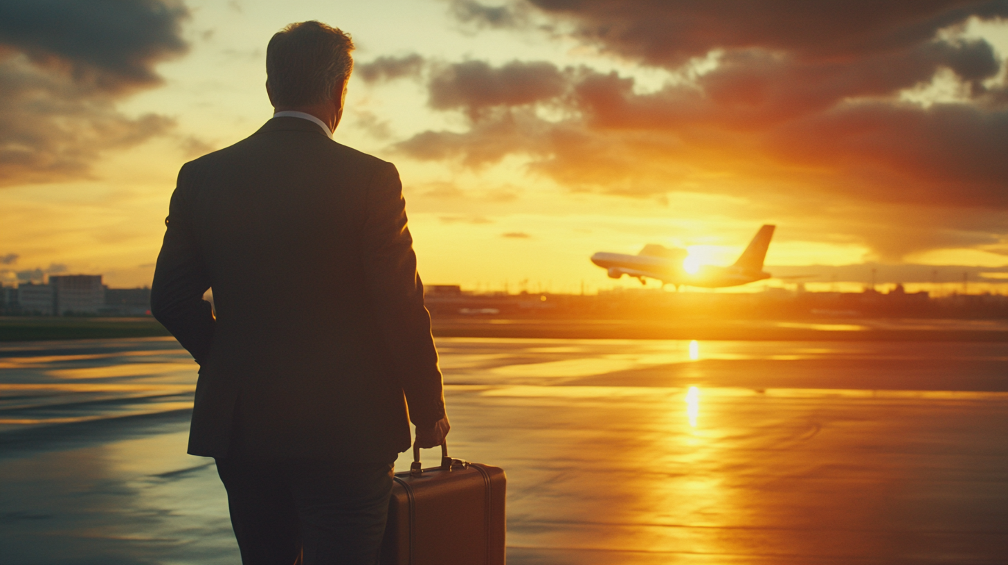 A person in a suit is standing on an airport tarmac, holding a briefcase, and watching an airplane take off against a vibrant sunset sky. The scene is illuminated by the warm glow of the setting sun, casting reflections on the wet ground.