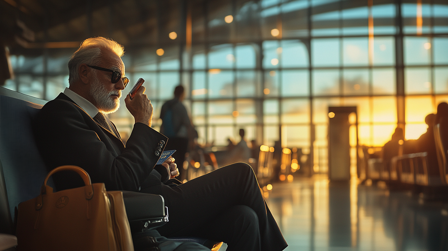 A man with white hair and a beard is sitting in an airport terminal, wearing a suit and sunglasses. He is holding a smartphone and a boarding pass. A brown leather bag is beside him. The background shows large windows with a sunset view, casting a warm glow inside the terminal. Other travelers are visible in the distance.