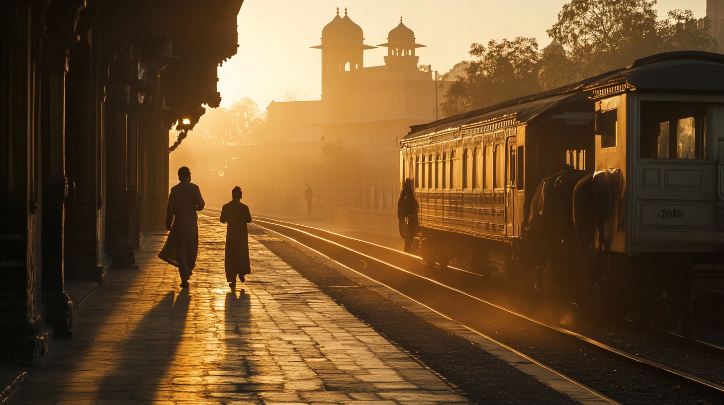 The image depicts a train station at sunrise or sunset, with warm golden light illuminating the scene. Two people in long coats are walking along the platform, casting long shadows. A vintage train is on the tracks, and the silhouette of a building with domed towers is visible in the background. The atmosphere is serene and nostalgic.