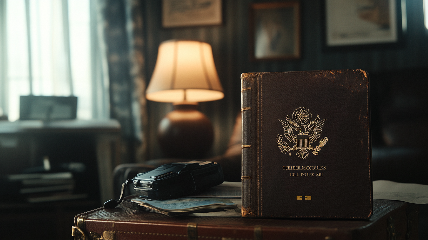 The image shows a vintage-style room with a leather-bound book prominently displayed on a table. The book features a gold emblem resembling the Great Seal of the United States. Next to the book is a stack of papers and a black rotary phone. In the background, there is a lit table lamp and framed pictures on the wall, creating a warm, nostalgic atmosphere.