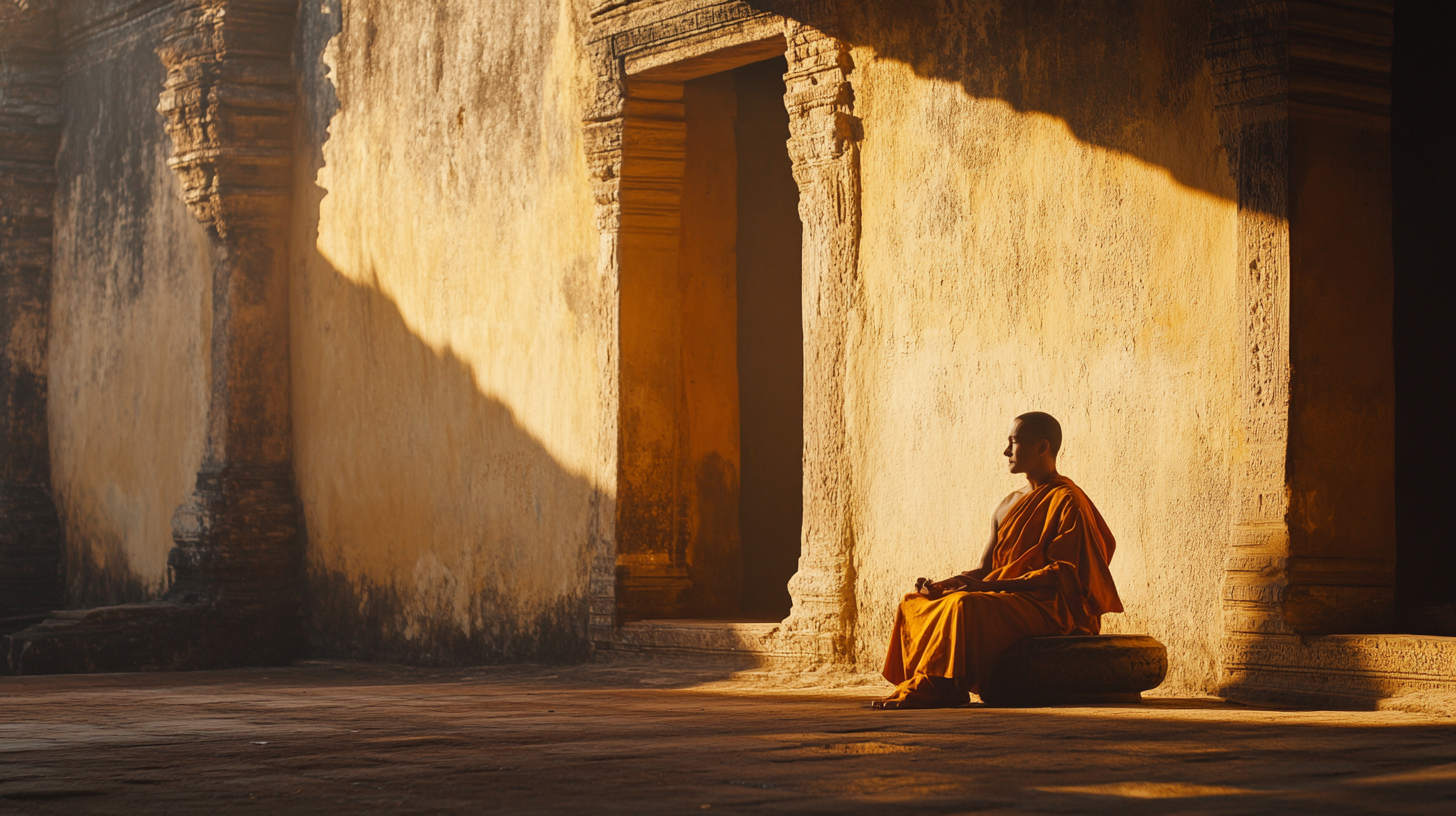A monk in an orange robe is sitting cross-legged on a stone bench in a sunlit corridor. The walls are textured and aged, with sunlight casting long shadows. The scene conveys a sense of tranquility and meditation.