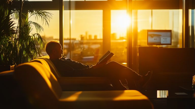 A person is sitting on a couch in a sunlit room, reading a book. The warm glow of the sunset streams through large windows, casting a golden hue over the scene. There are plants nearby, and a television screen is visible in the background.