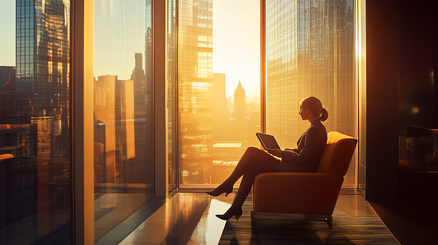A person is sitting in a modern office chair by a large window, using a laptop. The scene is bathed in warm, golden sunlight, with a cityscape visible outside. The person appears to be focused on their work, and the atmosphere is calm and professional.