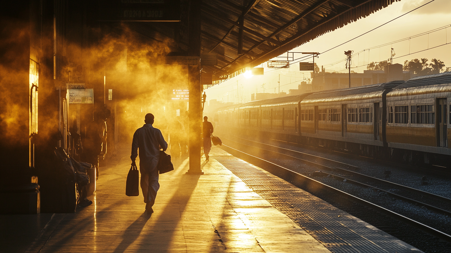 A person is walking along a train platform at sunrise or sunset, carrying a bag. The platform is bathed in warm, golden light, creating a dramatic atmosphere with long shadows. A train is visible on the tracks to the right, and another person is seen further down the platform. The scene conveys a sense of early morning or late afternoon travel.