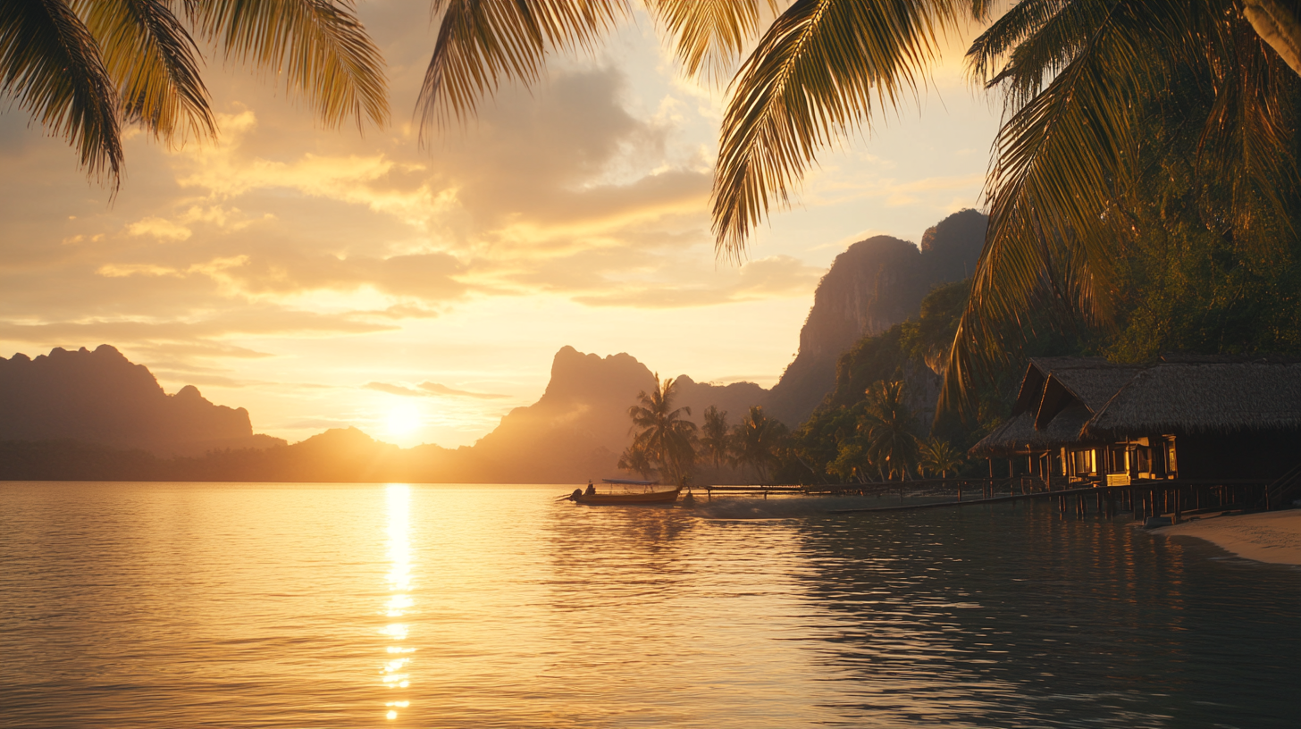 A serene tropical sunset scene with the sun setting behind distant mountains, casting a warm glow over the water. Palm trees frame the image, and traditional thatched-roof huts are visible on the right, extending over the water. A small boat is seen on the water near the shore.
