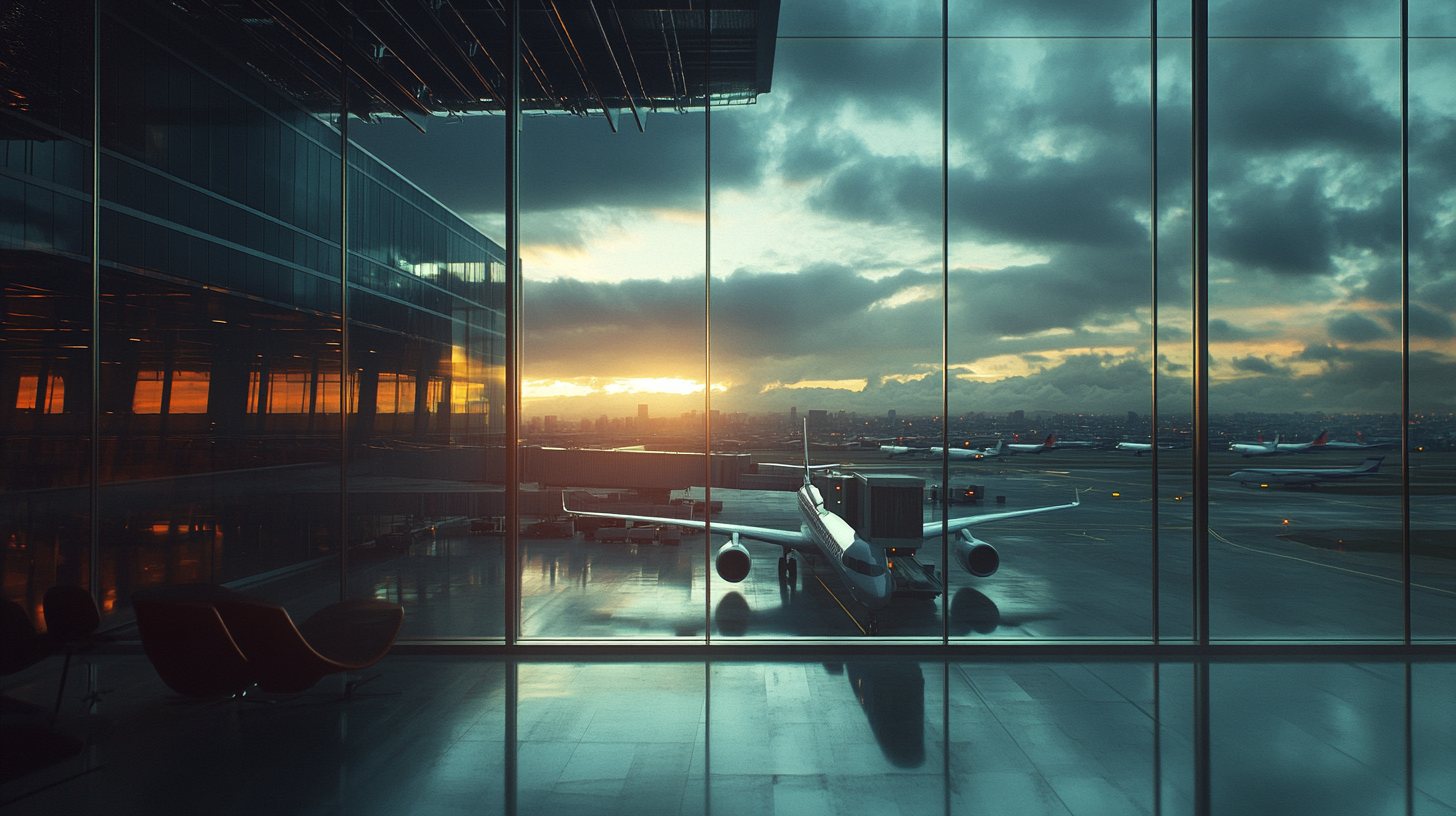 The image shows an airport terminal with large glass windows overlooking the runway. A plane is parked at a gate, and several other planes are visible in the background. The sky is cloudy with a sunset, casting a warm glow over the scene. Inside the terminal, there are empty chairs silhouetted against the window.