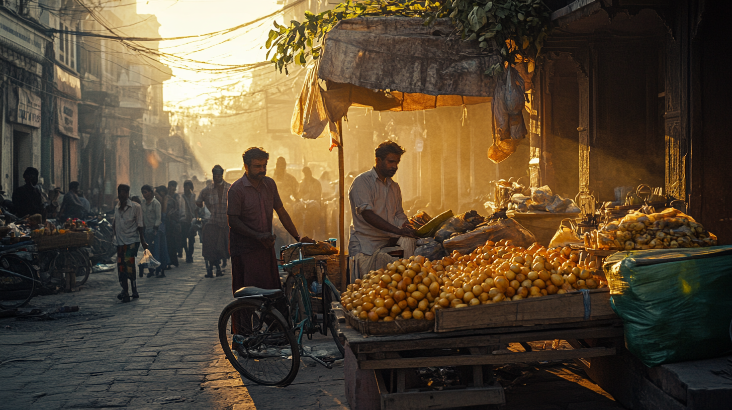 A bustling street market scene at sunset, with warm golden light illuminating the area. In the foreground, a vendor is arranging a large pile of oranges on a wooden cart. Another man stands nearby with a bicycle. The street is lined with various stalls and people walking, creating a lively atmosphere. The buildings and market stalls cast long shadows, adding depth to the scene.