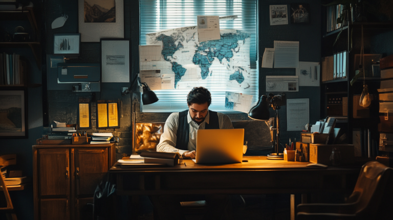 A man is sitting at a wooden desk in a dimly lit office, working on a laptop. The room is filled with books, papers, and various office supplies. A large world map is pinned to the wall behind him, surrounded by documents and notes. Two desk lamps provide additional lighting, creating a focused and studious atmosphere.