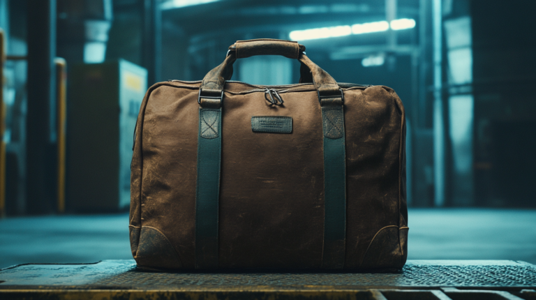A brown leather duffel bag with dark straps is placed on a textured surface in an industrial setting. The background is blurred, featuring metal structures and soft lighting.