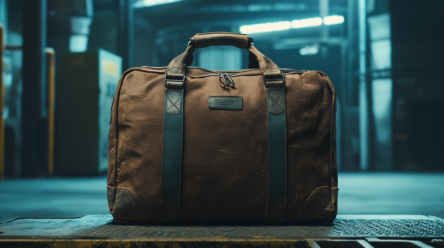 A brown leather duffel bag with dark straps is placed on a textured surface in an industrial setting. The background is blurred, featuring metal structures and soft lighting.