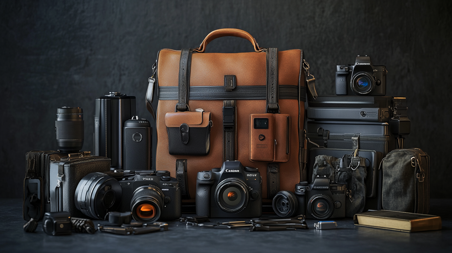 The image shows a collection of photography equipment arranged on a dark surface. In the center is a large brown leather camera bag with black straps. Surrounding the bag are various cameras, lenses, and accessories, including a digital camera, a film camera, several camera lenses, and smaller pouches. There are also stacked hard cases and a book on the right side. The setup is organized and displayed against a dark background.