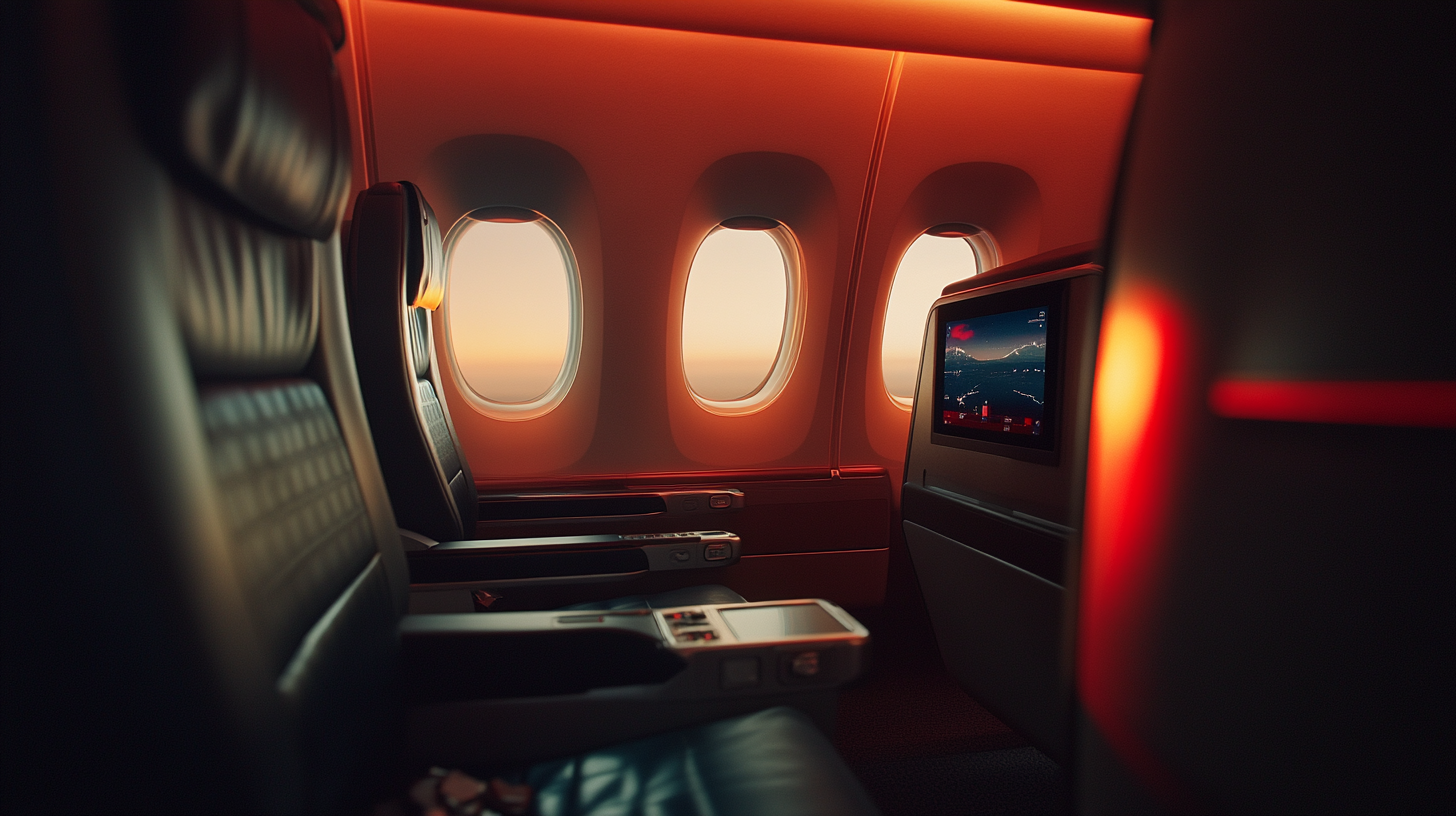 The image shows the interior of an airplane cabin, specifically a business or first-class section. There are two large, comfortable leather seats with armrests and a personal entertainment screen on the back of the seat in front. The cabin is illuminated with warm lighting, and there are three windows showing a view of the sky with a sunset or sunrise.