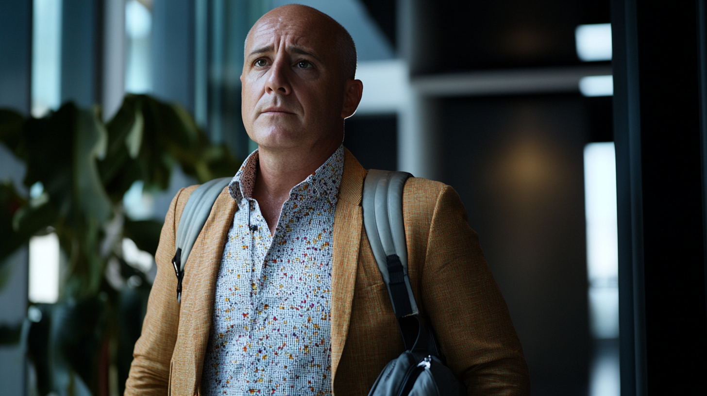 A man with a bald head is standing indoors, wearing a light brown blazer over a patterned shirt. He has a backpack on one shoulder and is looking slightly upwards. The background is softly blurred, with some plants visible.