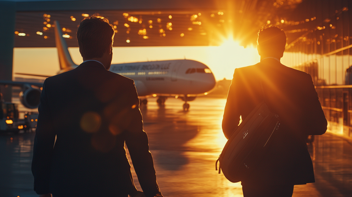 Two people in suits are walking towards an airplane on an airport tarmac during sunset. The sun is low in the sky, casting a warm glow and long shadows. One person is carrying a bag. The scene is backlit, highlighting the silhouettes of the individuals and the aircraft.