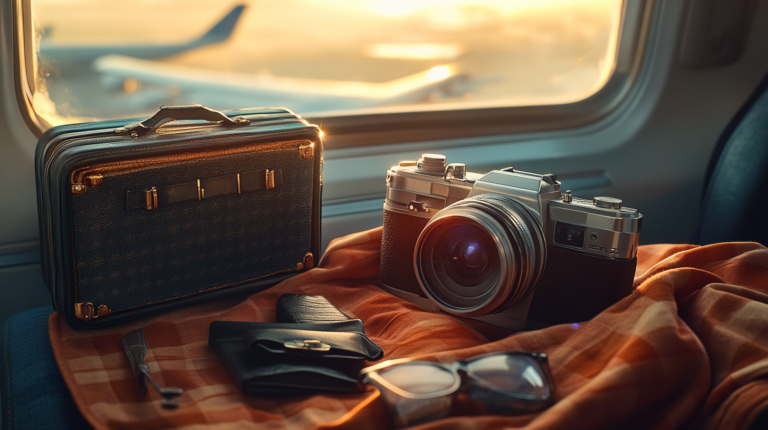 A vintage camera and a small suitcase are placed on an orange blanket inside an airplane. The scene is illuminated by warm sunlight coming through the window, with an airplane wing visible outside. A pair of sunglasses and a small leather pouch are also on the blanket.