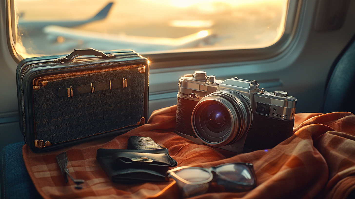 A vintage camera and a small suitcase are placed on an orange blanket inside an airplane. The scene is illuminated by warm sunlight coming through the window, with an airplane wing visible outside. A pair of sunglasses and a small leather pouch are also on the blanket.