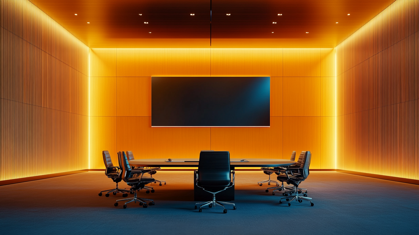 A modern conference room with a large rectangular table surrounded by six black office chairs on wheels. The room features warm, orange-toned walls with vertical paneling and integrated lighting that creates a glowing effect. A large, dark screen is mounted on the wall at the far end of the room. The ceiling has recessed lighting, and the floor is covered with a dark carpet.