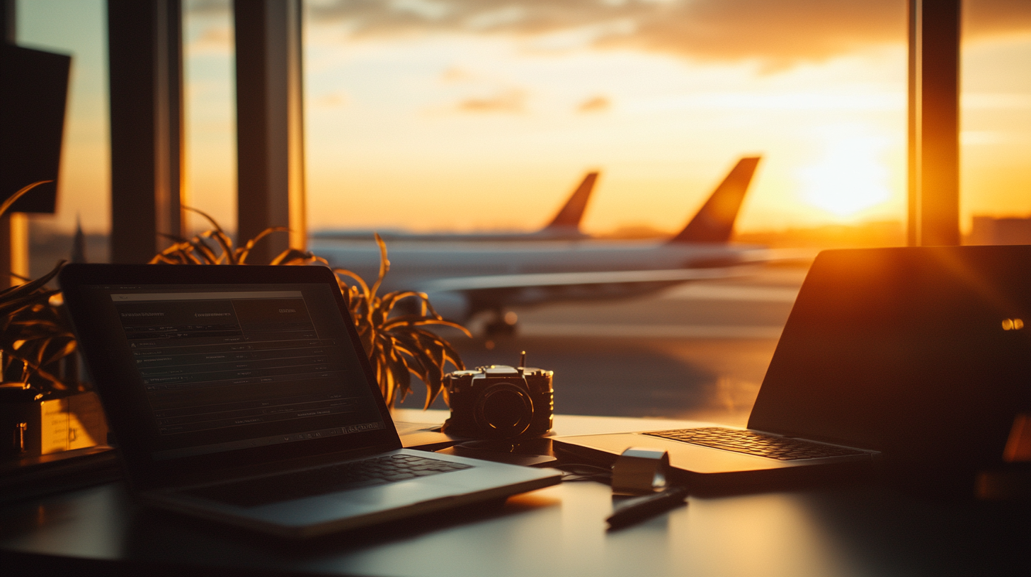 The image shows a workspace at an airport during sunset. There are two open laptops on a table, with a camera and a pen nearby. In the background, through large windows, airplanes are visible on the tarmac, and the sun is setting, casting a warm glow over the scene.