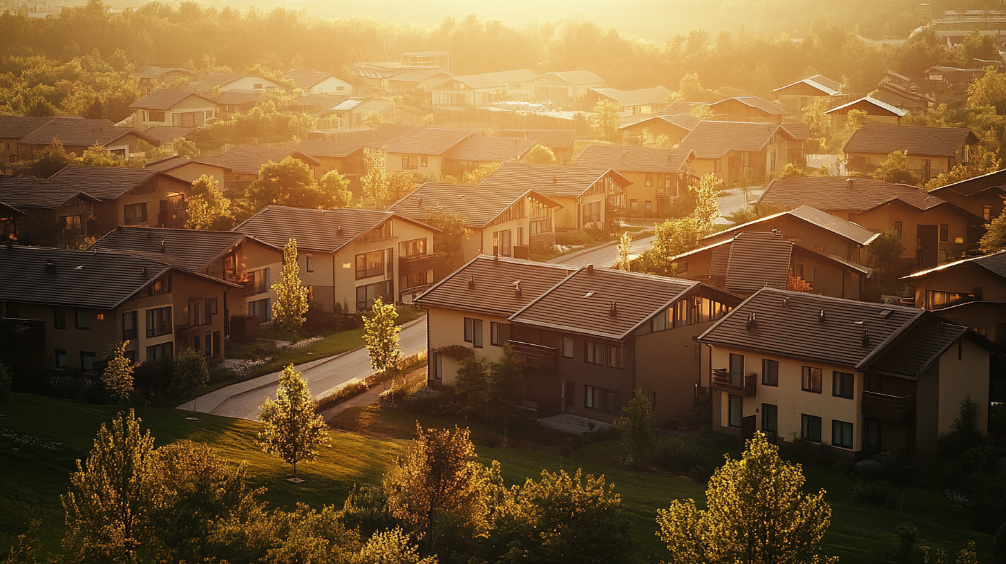 A scenic view of a suburban neighborhood at sunset. The image shows several modern houses with sloped roofs, surrounded by lush greenery and trees. The warm, golden light of the setting sun casts a soft glow over the landscape, creating a peaceful and serene atmosphere. A road winds through the neighborhood, adding depth to the scene.