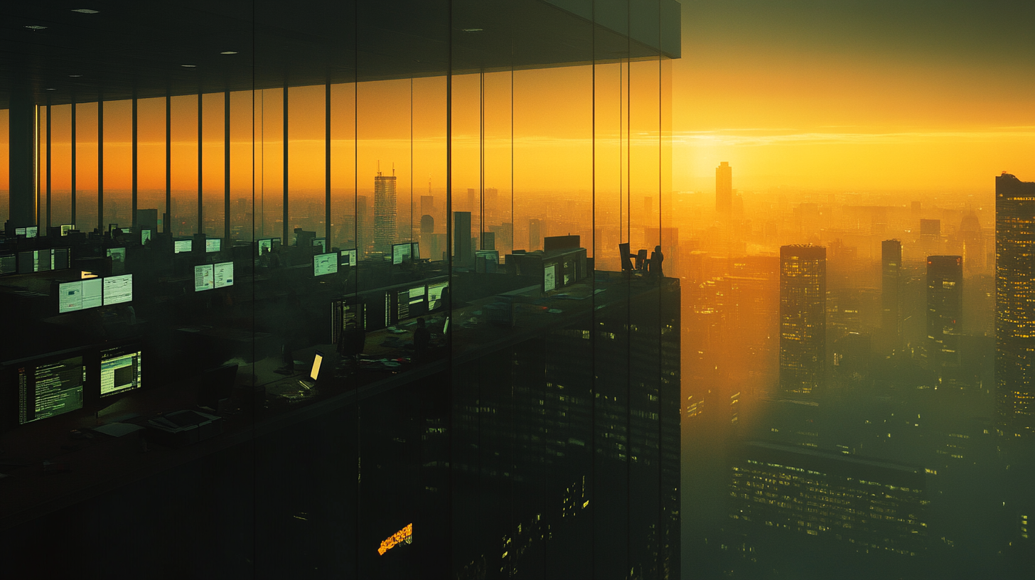 A modern office with large glass windows is shown, overlooking a cityscape at sunset. The interior is filled with computer workstations, and the warm orange glow of the sunset casts a dramatic light over the scene. The city skyline is visible in the background, with tall buildings shrouded in a hazy atmosphere.