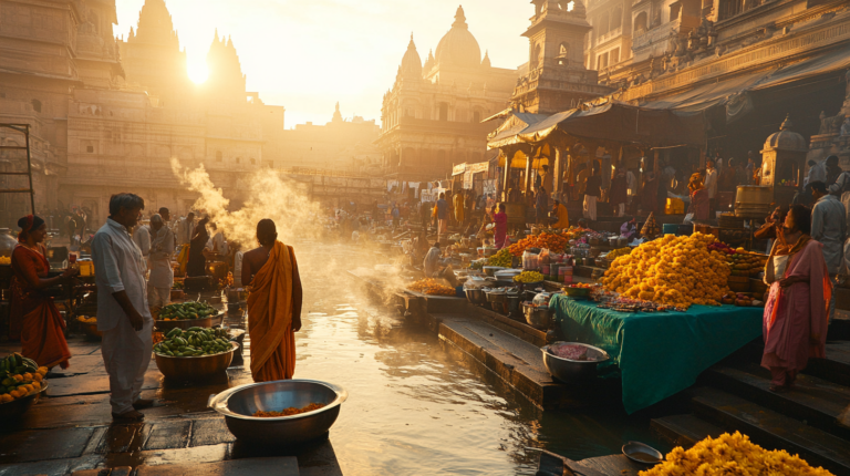 A bustling market scene by a riverbank at sunrise or sunset, with people in traditional attire. Stalls are filled with vibrant flowers, fruits, and vegetables. Steam rises from the water, and the background features ornate, ancient architecture with domes and spires. The warm sunlight casts a golden glow over the scene.