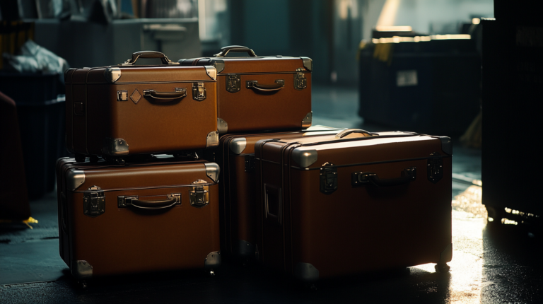 The image shows four brown leather suitcases with metal corners and handles, stacked in a dimly lit room. The suitcases are arranged in two layers, with two on the bottom and two on top. The lighting creates a warm glow on the suitcases, highlighting their texture and details. The background is blurred, suggesting an indoor setting.