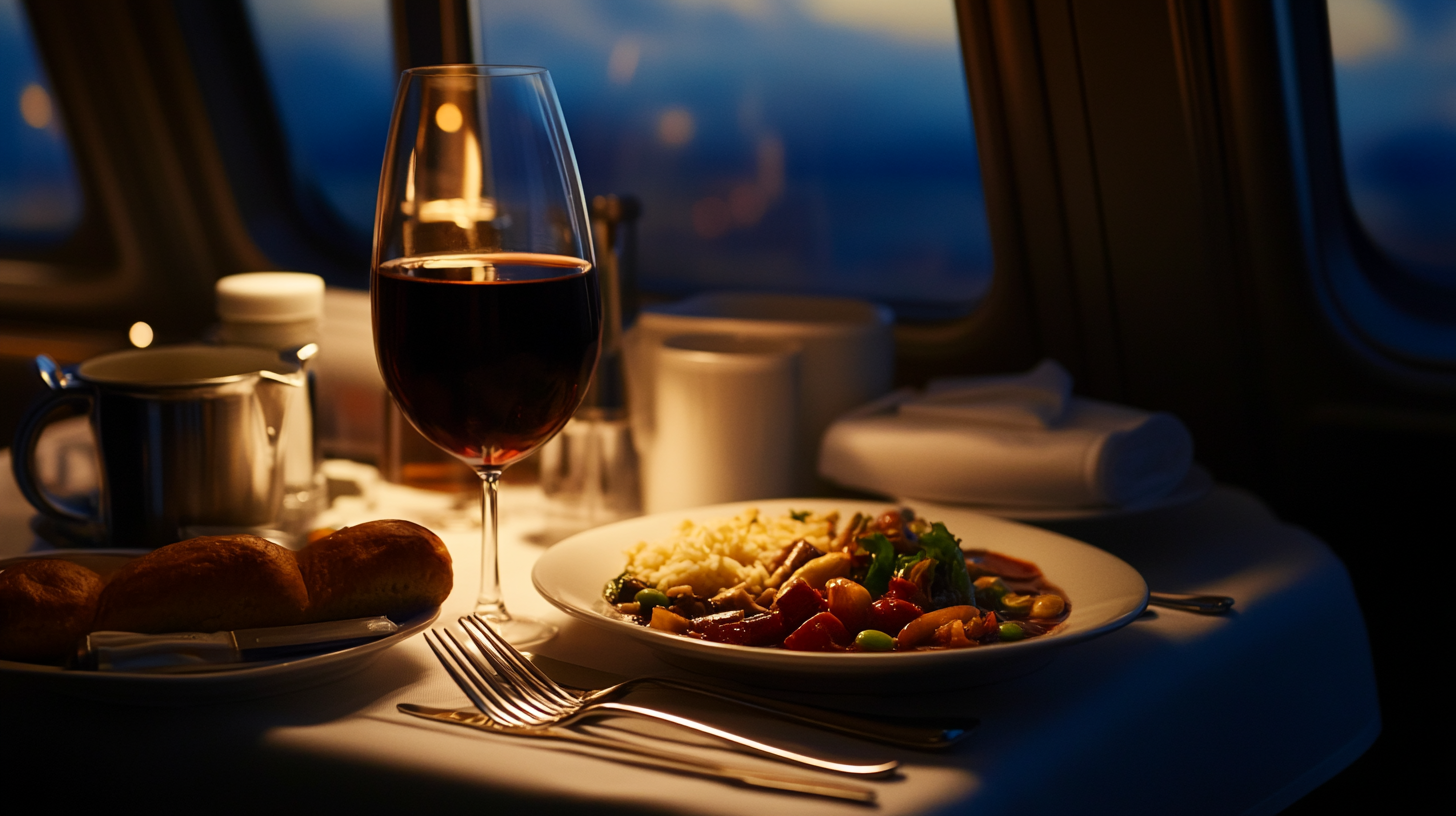 A meal is set on an airplane tray table, featuring a plate of rice and vegetables, a glass of red wine, and a bread roll. The setting is dimly lit, with airplane windows in the background showing a view of the sky.