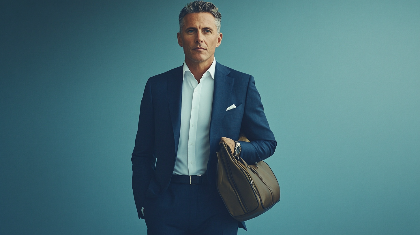 A man in a dark blue suit and white shirt is standing against a plain blue background. He is holding a brown leather bag in one hand and has a serious expression. A white pocket square is visible in his suit jacket.