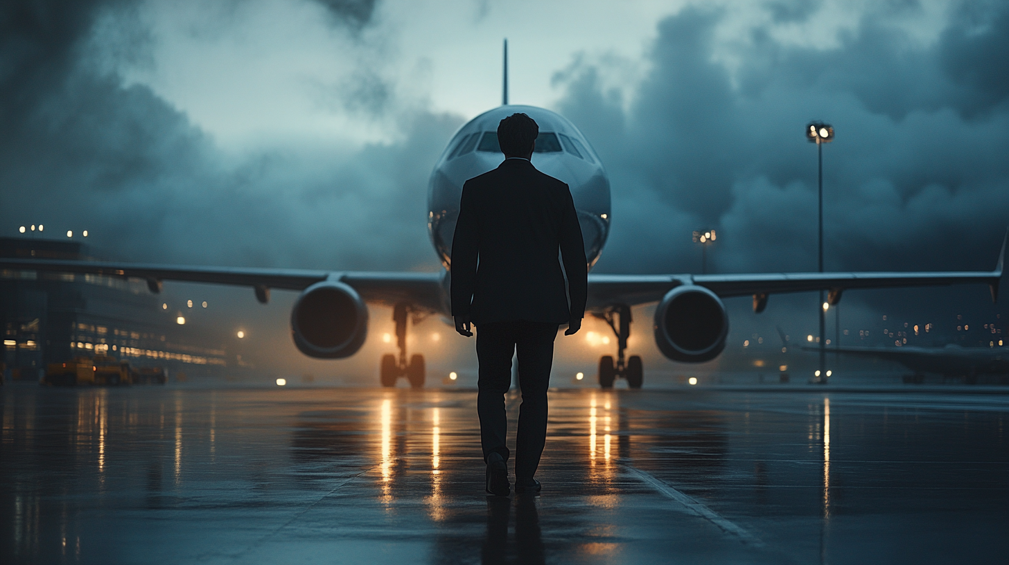 A person in a suit is walking towards a large airplane on a wet airport tarmac. The scene is set during twilight or early morning, with dramatic clouds in the sky and lights reflecting off the wet surface. The airplane is illuminated, creating a striking contrast with the dark, moody atmosphere.