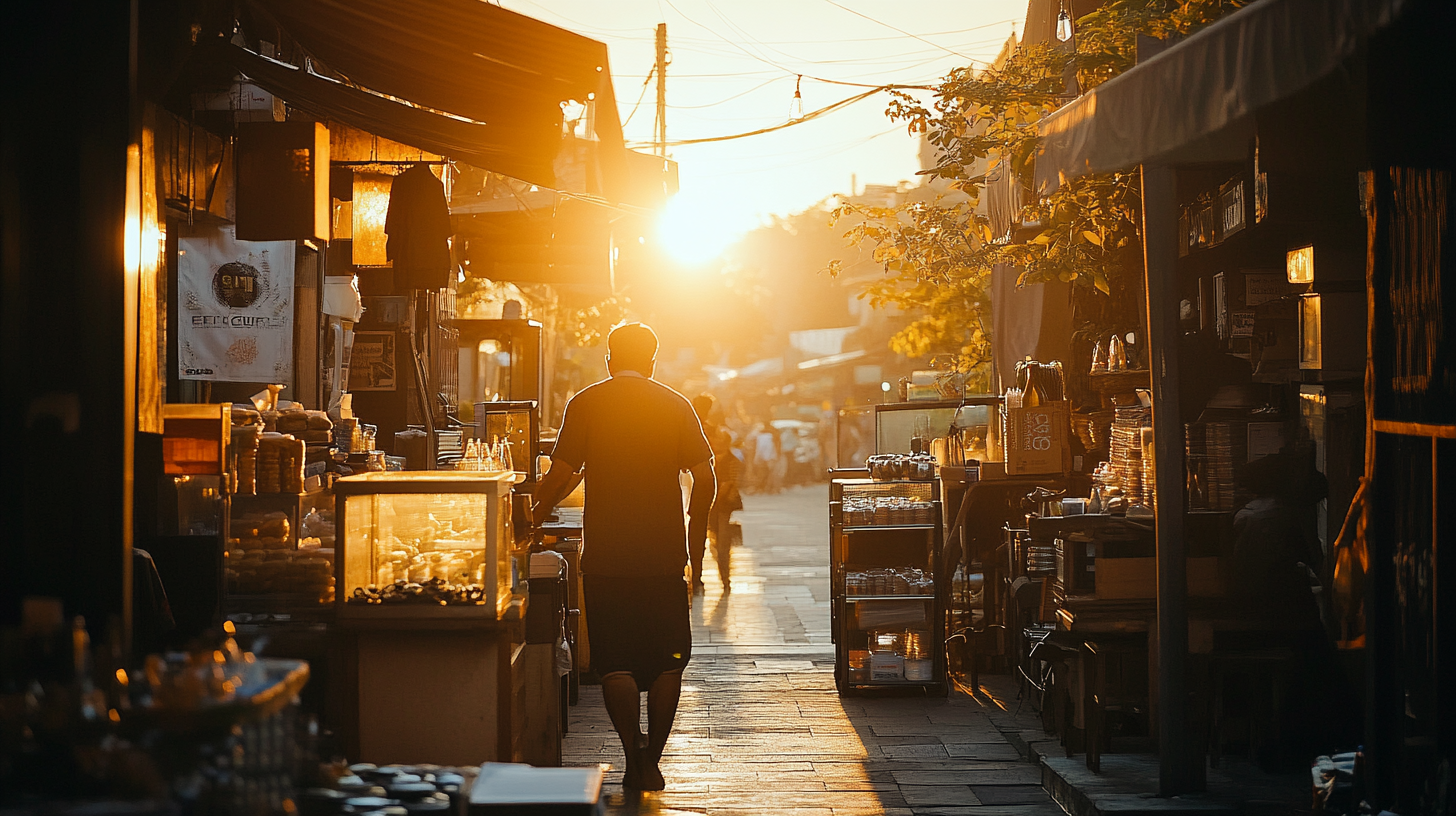A person is walking through a narrow street market at sunset. The market is lined with stalls displaying various goods, including food items in glass cases. The warm glow of the setting sun casts long shadows and creates a golden hue over the scene.
