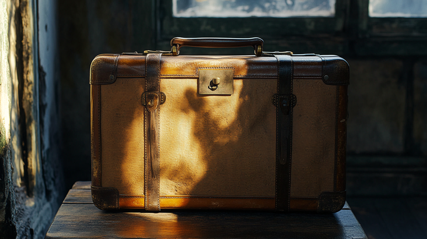 A vintage suitcase with leather straps and a handle, sitting on a wooden surface. Sunlight is casting shadows on the suitcase, and there is a window in the background.