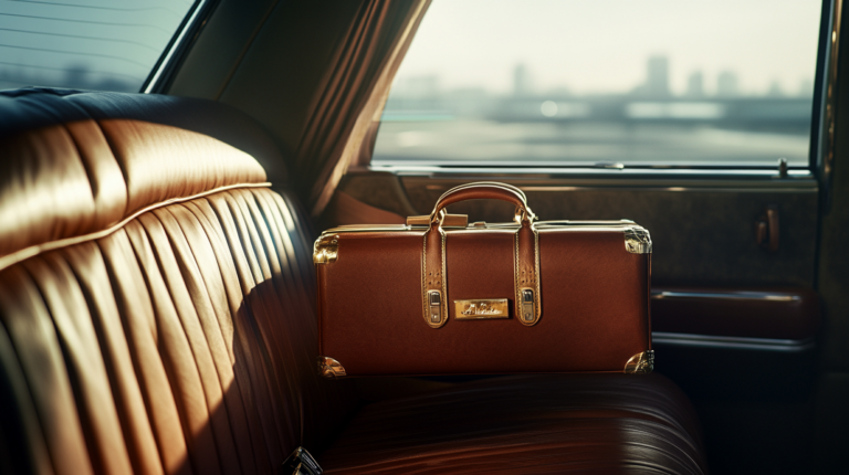 A brown leather briefcase with gold accents is placed on the back seat of a vintage car. The car's interior features brown leather upholstery, and the window shows a blurred cityscape in the background. The scene is lit with warm, natural light.