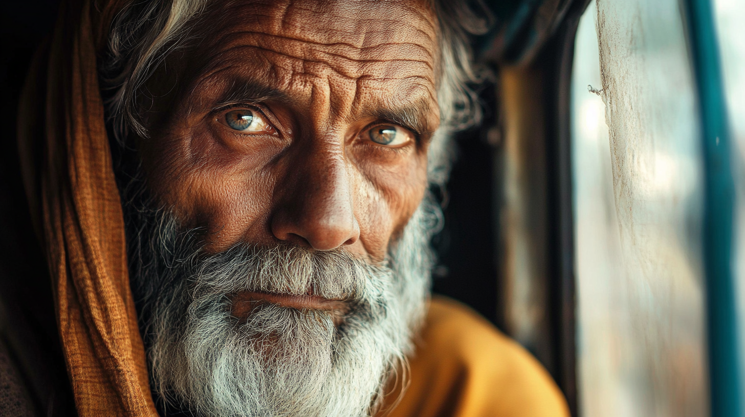 The image shows a close-up of an elderly man with a weathered face and a long white beard. He is wearing a brown headscarf and looking intently at the camera. The background is blurred, with a window on the right side.