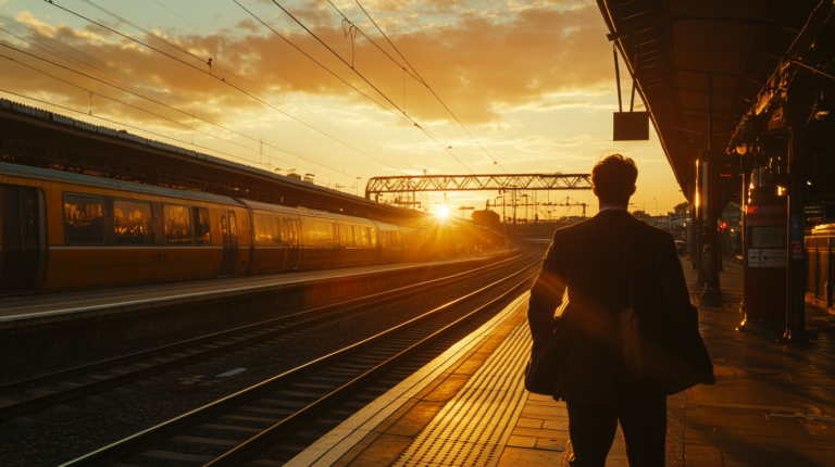 A person in a suit stands on a train platform at sunset, looking towards the tracks. A train is visible on the left, and the sun is setting in the background, casting a warm glow over the scene. The sky is partly cloudy, and the platform is covered by a roof on the right side.