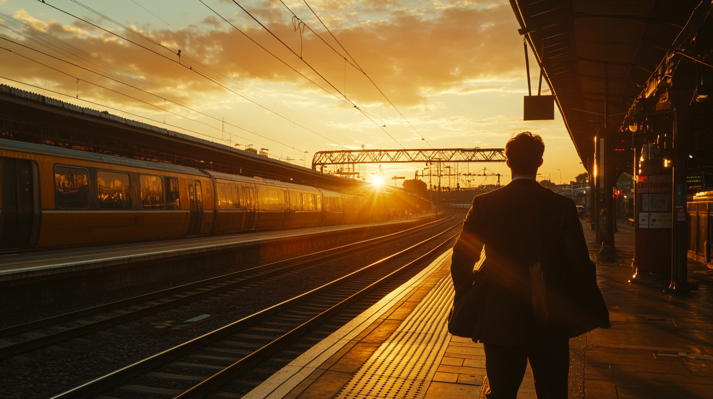 A person in a suit stands on a train platform at sunset, looking towards the tracks. A train is visible on the left, and the sun is setting in the background, casting a warm glow over the scene. The sky is partly cloudy, and the platform is covered by a roof on the right side.
