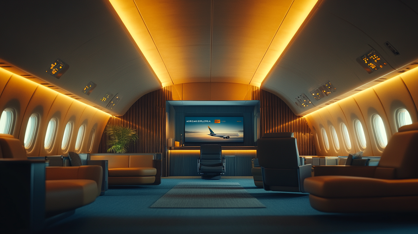 The image shows the luxurious interior of a private jet. The cabin is spacious with plush seating and warm ambient lighting. There are several large windows along the sides, and a large screen at the front displaying an airplane image. The decor includes a plant and modern furnishings, creating an elegant and comfortable atmosphere.