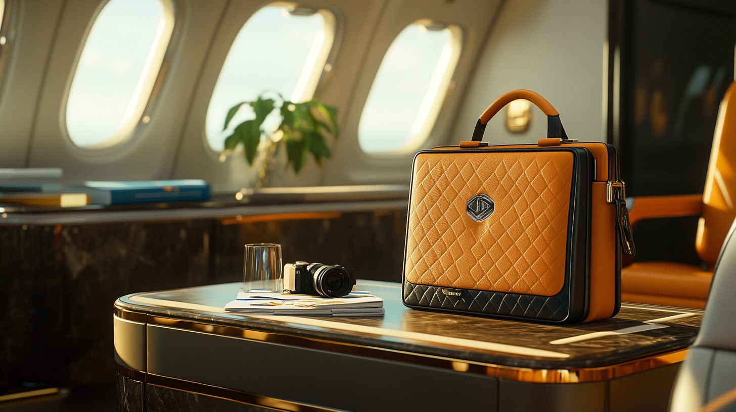 The image shows a luxurious interior of an airplane cabin. On a polished table, there is a stylish orange and black leather briefcase with a quilted pattern. Next to it, there is a camera, a glass, and some documents. In the background, there are large windows and a potted plant, with soft natural light illuminating the space.