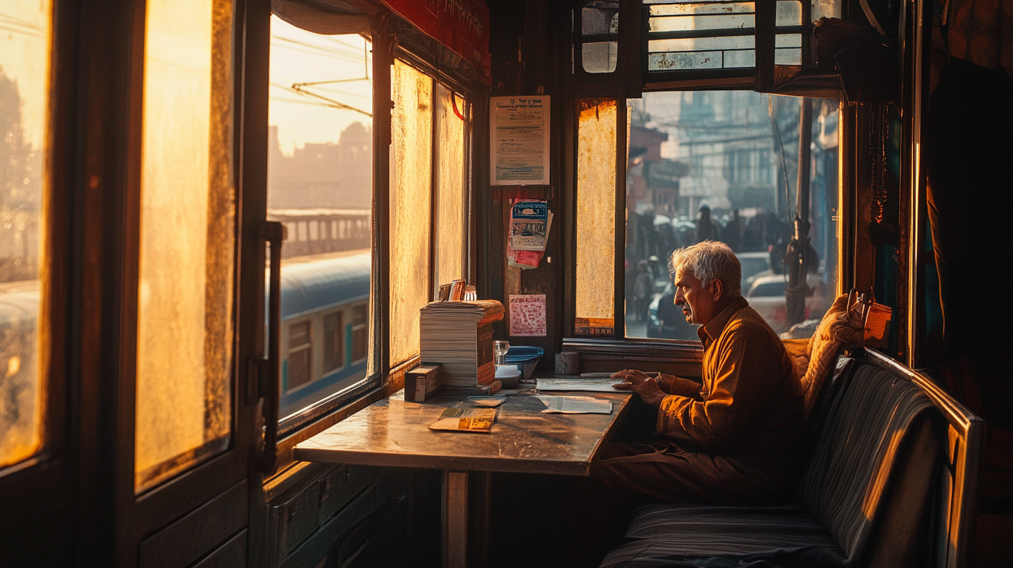 A man with gray hair is sitting inside a vintage tram, reading or writing at a small table. The tram is filled with warm, golden light from the setting sun, casting a cozy glow. Outside the window, a cityscape with buildings and another tram is visible, along with a crowd of people on the street. The interior of the tram has a nostalgic feel, with papers and a stack of books on the table.