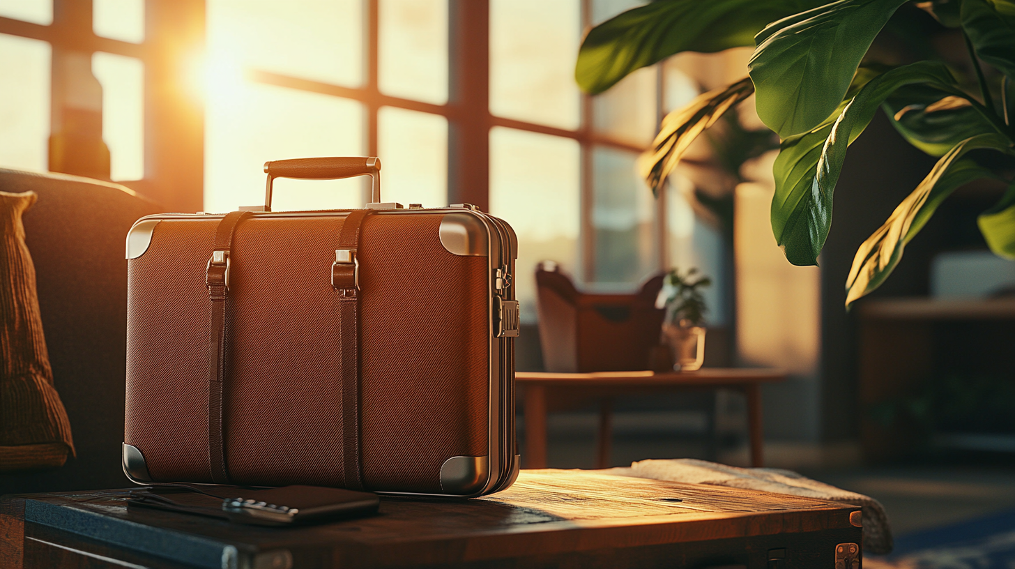 A vintage-style brown suitcase with metal corners and leather straps is placed on a wooden table in a sunlit room. The sunlight streams through large windows, casting a warm glow. A green plant is partially visible on the right, and a blurred background suggests a cozy interior setting.