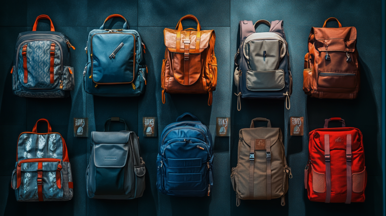 The image shows a display of nine backpacks arranged in three rows on a dark wall. The backpacks vary in color and design, including shades of blue, brown, gray, and red. Each backpack has unique features such as pockets, zippers, and straps. The display is well-lit, highlighting the details of each backpack.
