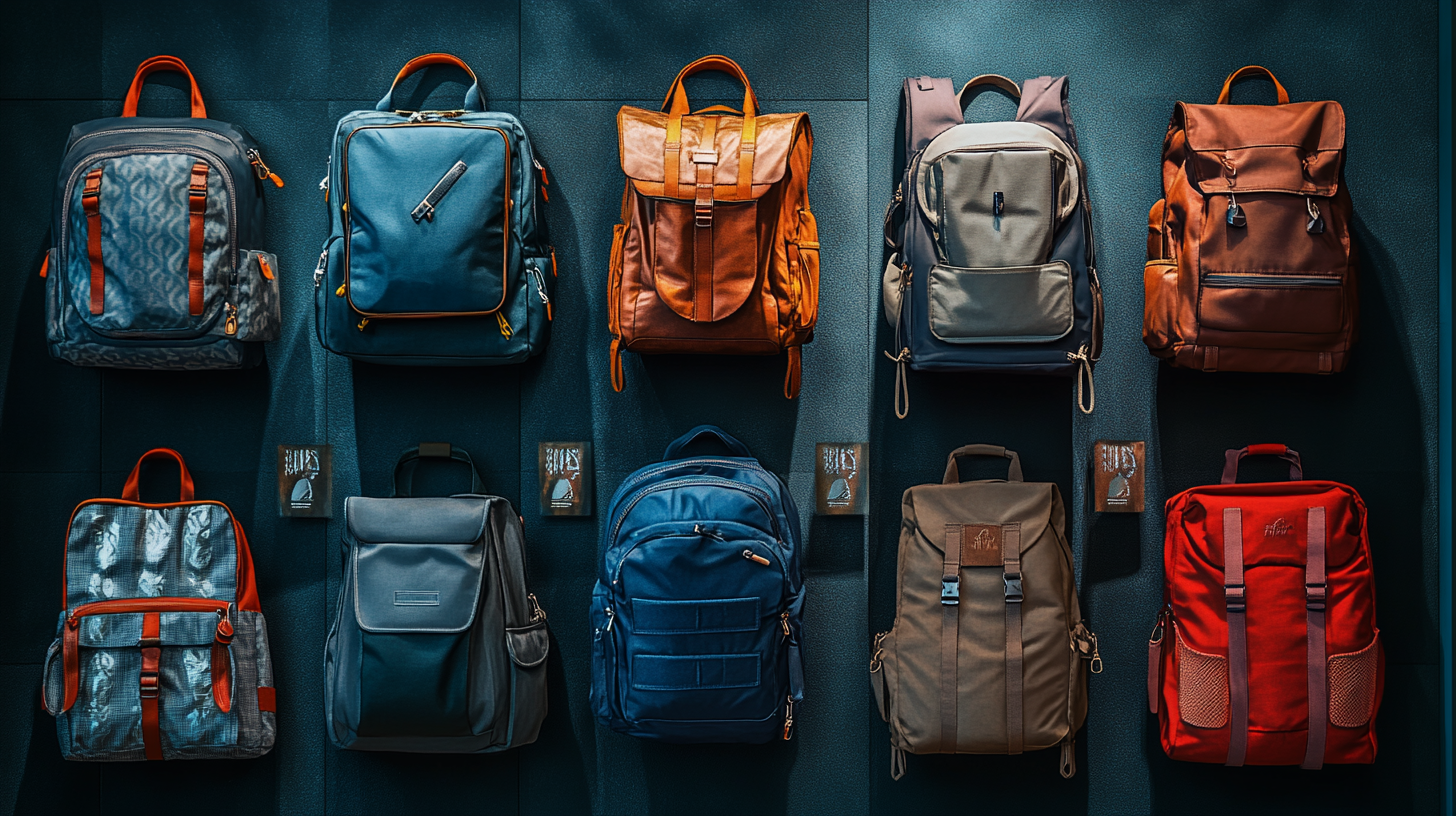 The image shows a display of nine backpacks arranged in three rows on a dark wall. The backpacks vary in color and design, including shades of blue, brown, gray, and red. Each backpack has unique features such as pockets, zippers, and straps. The display is well-lit, highlighting the details of each backpack.