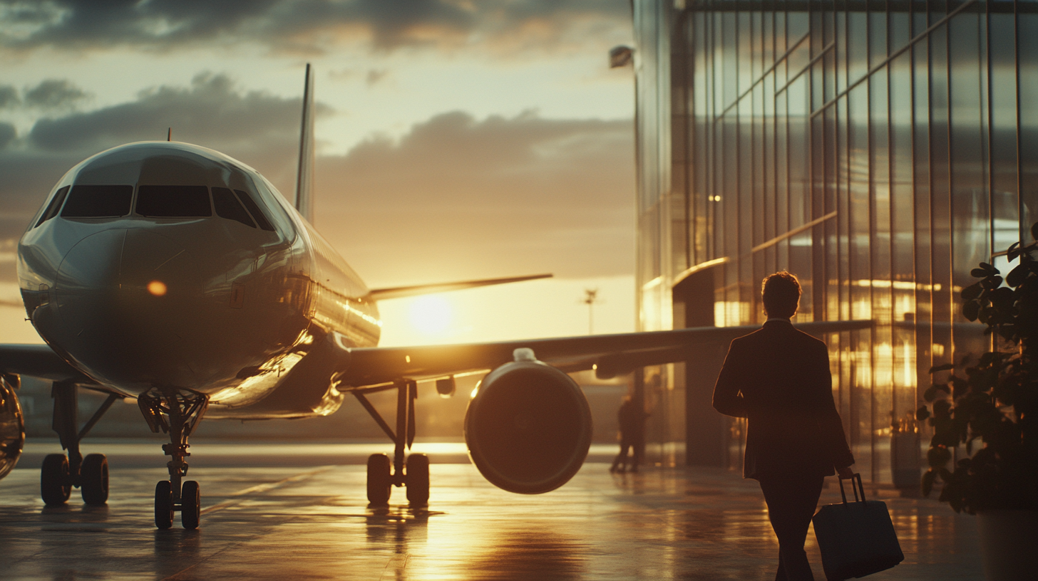 A person in a suit is walking towards a large airplane parked on the tarmac at an airport. The scene is set during sunset, casting a warm glow over the aircraft and the glass building nearby. The person is carrying a suitcase, suggesting they are traveling.