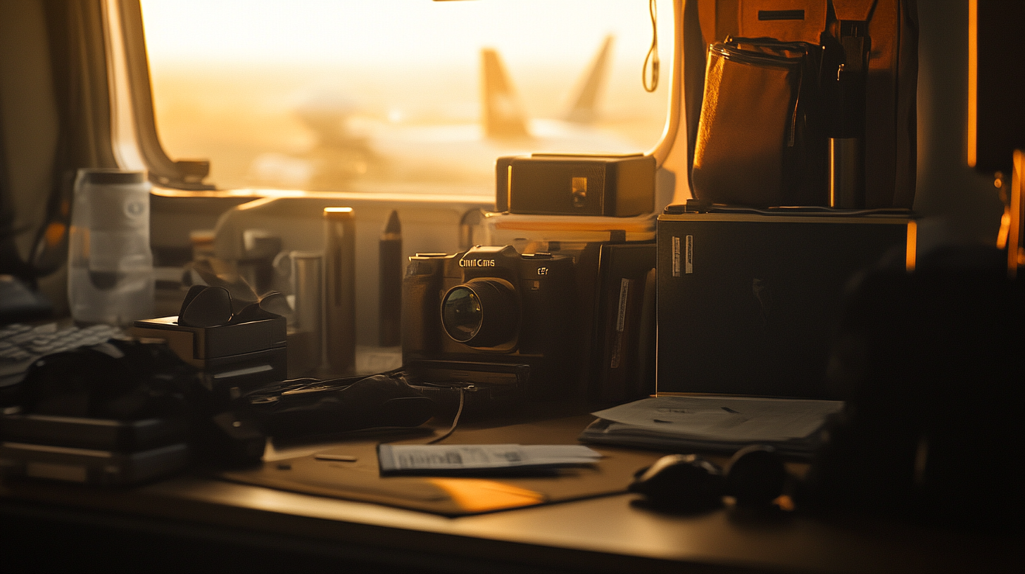 A cluttered desk is illuminated by warm sunlight coming through a window. On the desk, there is a vintage camera, a pair of sunglasses, a water bottle, and various papers and electronic devices. The background shows a blurred view of an airplane outside the window. The scene has a cozy, nostalgic atmosphere.